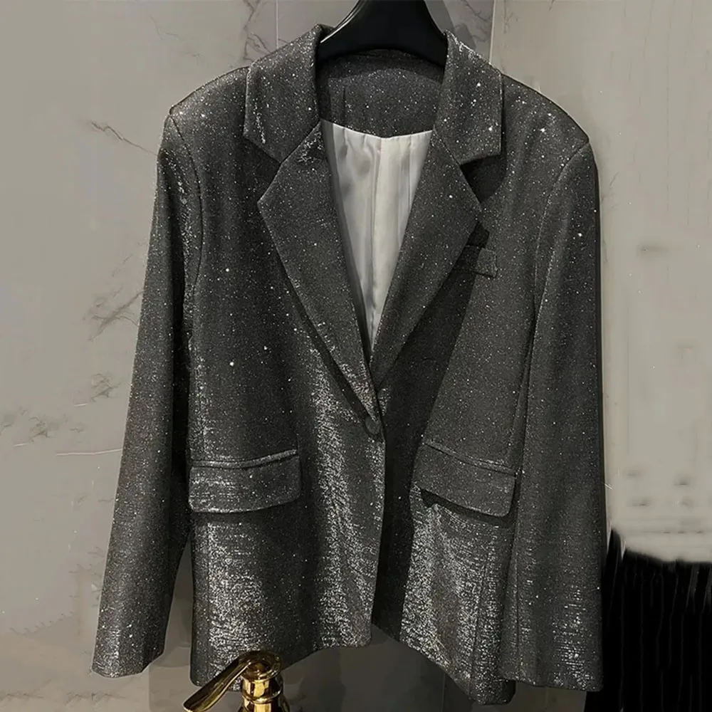 Spring Autumn Tra Zar Women 2023 Silver Sequin Blazer Woman Oversized Suit Jacket Fashion Elegant Female Party Club Coat Women