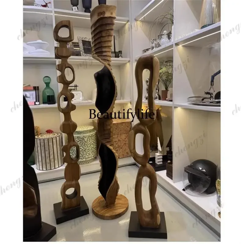 A52 Teak stacked ring hollow transfer wood sculpture abstract wood art floor solid wood carving ornament