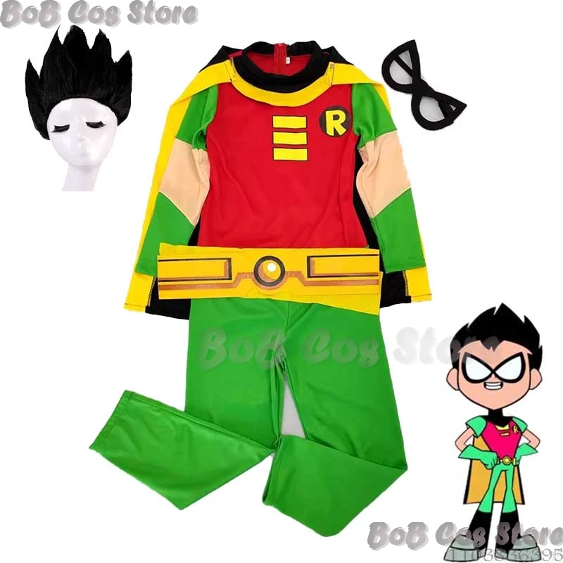 Robin Cosplay Kids Anime Cartoon Teen Comic Titans Superhero Robin Grayson Jumpsuit Costume Wig Halloween Uniform Party Roleplay
