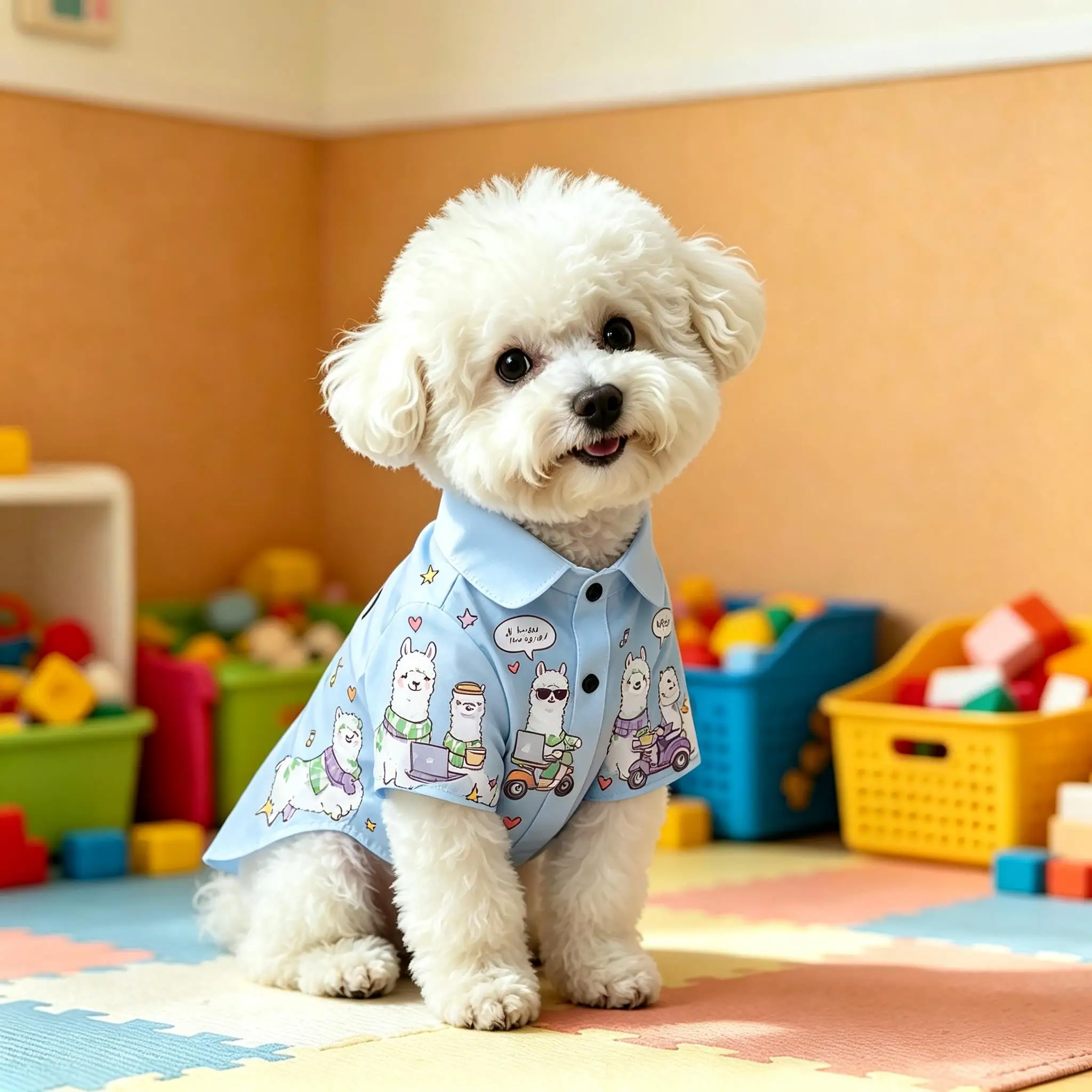 Pet Dog Shirt Beige Cartoon Alpaca Print Breathable Button Up for Small Medium Dogs Cute Animal Theme Daily Wear