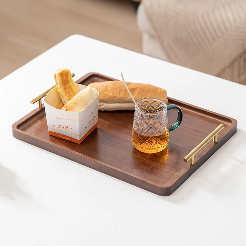 HeMu Right Angled Bamboo Tray Handle New Chinese Tea Set Bamboo Hotel small Tea Tray Wooden Family Breakfast Tray Metal Handle