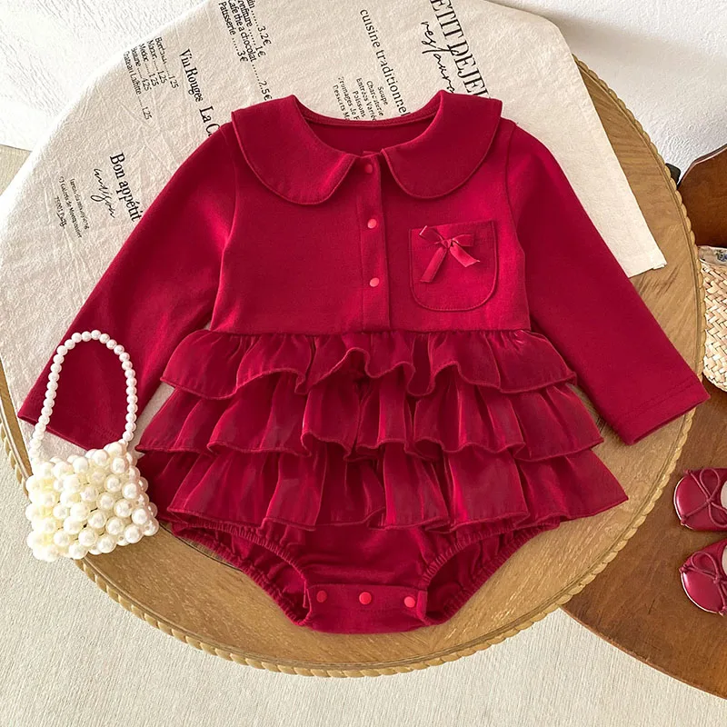 

2026 Spring Autumn Infant Girl Clothes Korean Cute Peter Pan Collar Long Sleeve Red Princess Baby Bodysuits And One-Pieces B406