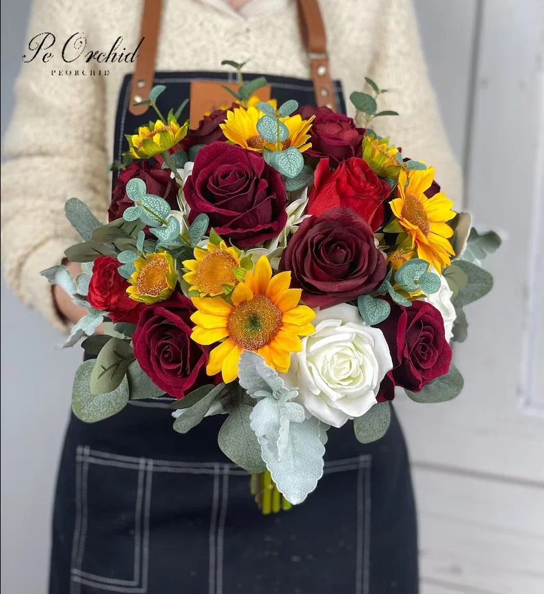 PEORCHID Burgundy Red Rose Sunflower Bridal Bouquet Artificial Bridesmaids Flowers Boho Rustic Wedding Bouquet Novia 2026