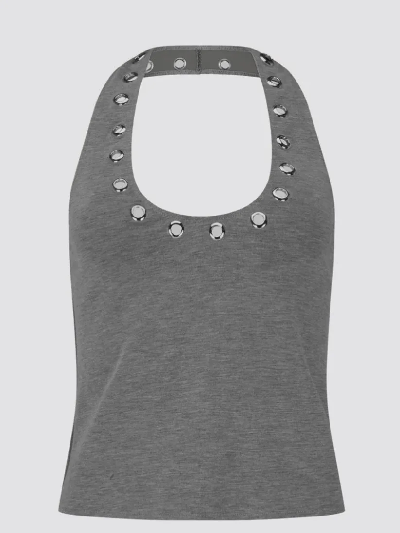 Sexy Ausgeschnittenes Metall-Design U-Ausschnitt Trägerloses Top Figurbetontes Baumwoll-Tanktop für Damen Sommersaison Farbiges Freizeitoutfit