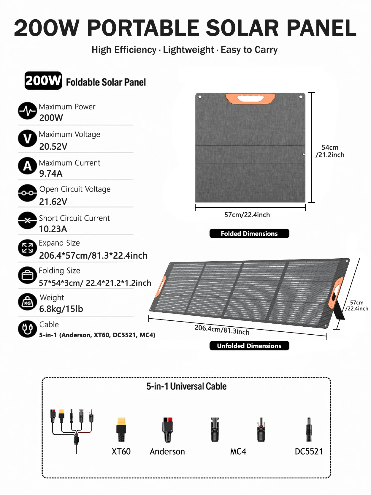 200W Tragbares Solarpanel für Powerstation, Hurrikan-Vorsorgezubehör, Solarladegerät mit Solarkabel für Camping