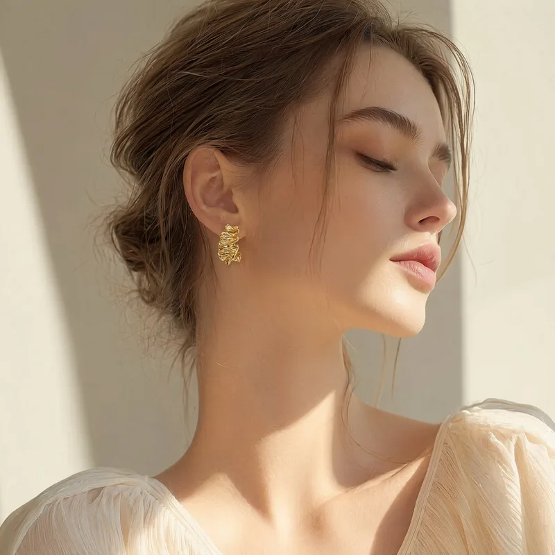 Kalen Women's Stainless Steel Wavy Ruffled Texture C-Hoop Ear Stud Gold Silver Color Irregular Fold Metal Open Hoop Earrings