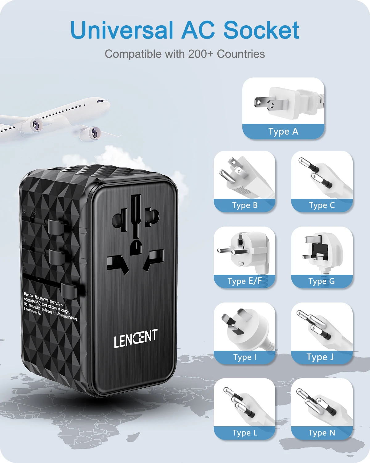 LENCENT 100W GaN Universal Travel Adapter with with 2 QC4.0 USB-A+2 PD3.0 Type-C PPS Fast Charging EU/UK/USA/AUS plug for Travel