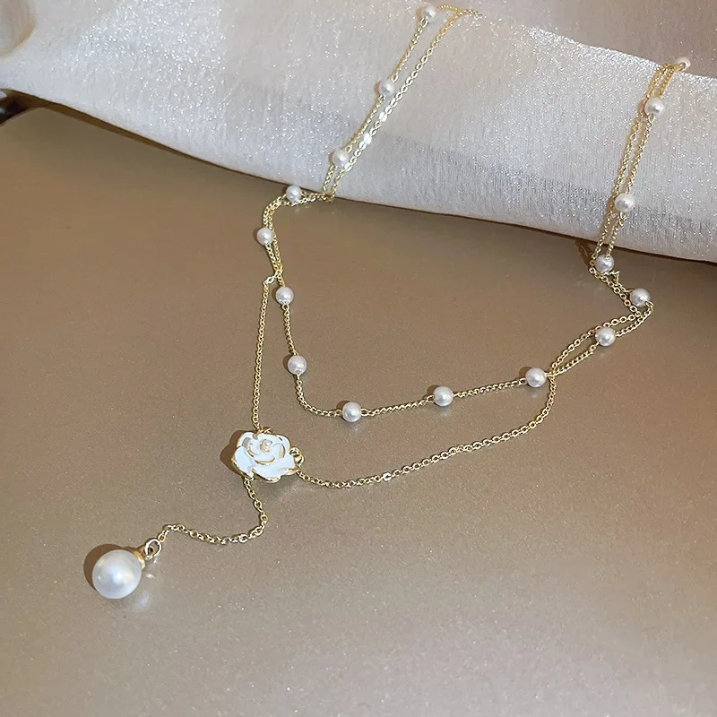 Sweet Elegant Camellia Double Layer Necklace Minimalist Fresh Clavicle Chain Light Luxury Neck Jewelry for Women