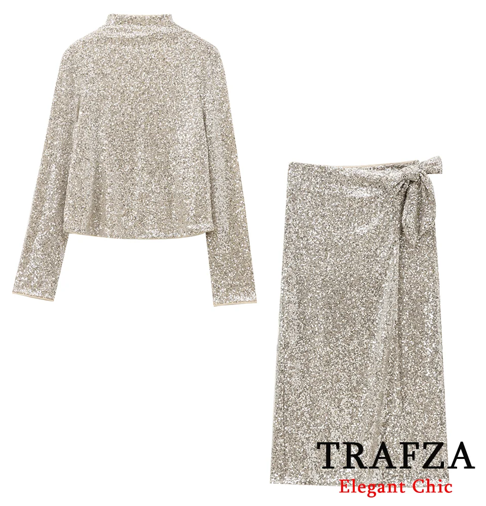 TRAFZA Women Elegant Silver Set Sequined Turtleneck Top And Sequined Wrap Skirt 2 Pieces Set New 2024 Spring Autumn Modern Set