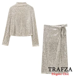 TRAFZA Women Elegant Silver Set Sequined Turtleneck Top And Sequined Wrap Skirt 2 Pieces Set New 2024 Spring Autumn Modern Set