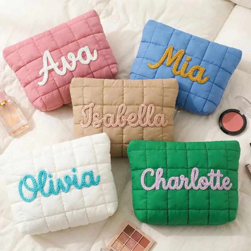 Custom Embroidered Puffer Toiletry Bag Personalized Quilted Cosmetic Case Travel Makeup Organizer Bridal Party & Friend's Gift