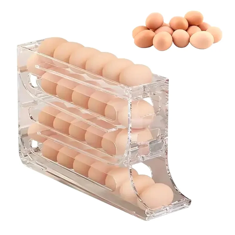 4 Layers Automatic Rolling Egg Holder Refrigerator Egg Storage Box Container Large Capacity Egg Dispenser Fridge Organizer