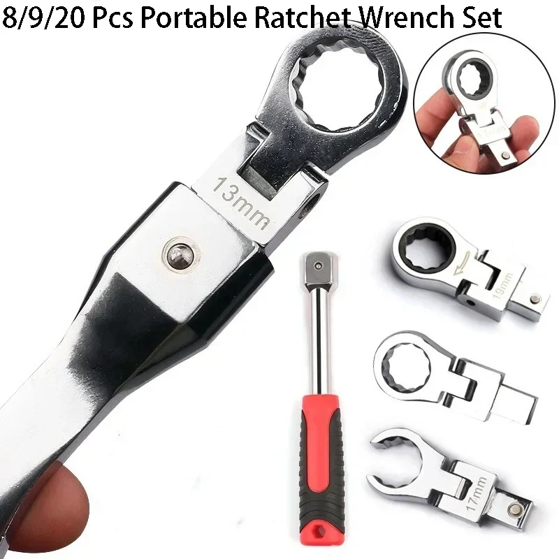 

20/9pcs Interchangeable Head Ratchet Oil Pipe Wrench Combo Set Rotating Removable Flexible Torque Spanner Ratchet Shaking Wrench