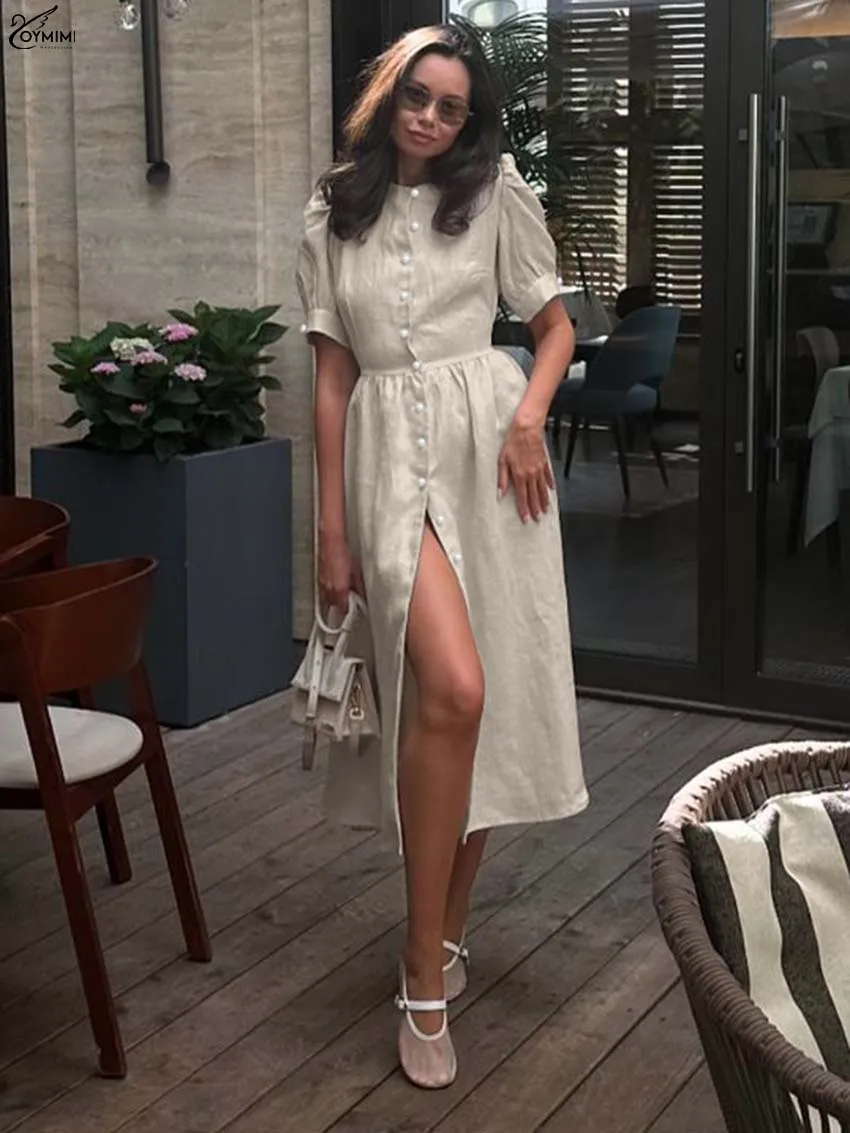 

Oymimi Elegant Khaki Cotton Dresses 2025 Woman Autumn O-Neck Short Sleeve Single Breasted Dresses Fashion Lace-Up Mid-Calf Dress