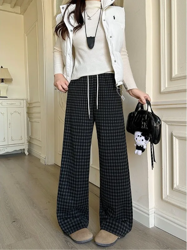 

plus Size Women's Thiened Fce Lined Casual Pants American Retro Plaid Loose Wide Leg Trousers for Autumn Winter