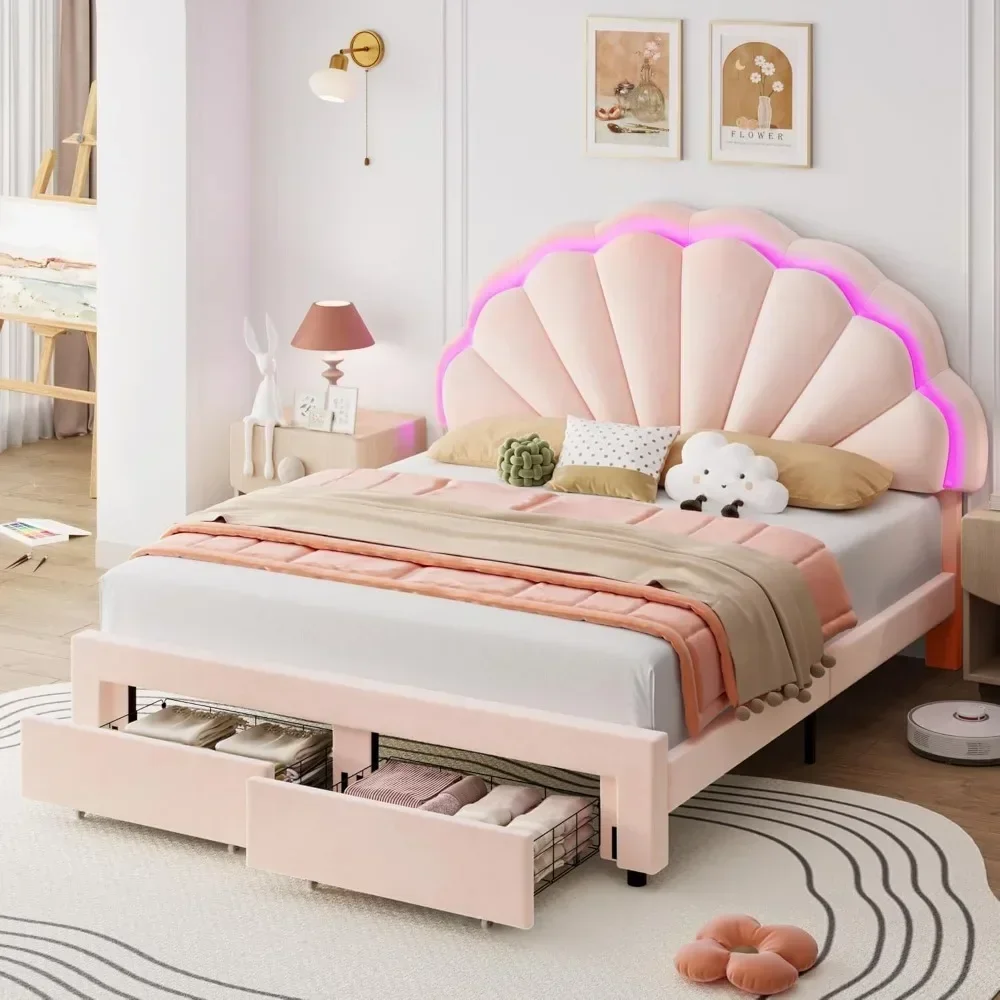 Rangka tempat tidur LED pintar, dengan 2 laci penyimpanan & papan Kepala kelopak ganda cantik dapat disesuaikan, dengan Slat kayu Solid/tanpa kotak pegas diperlukan