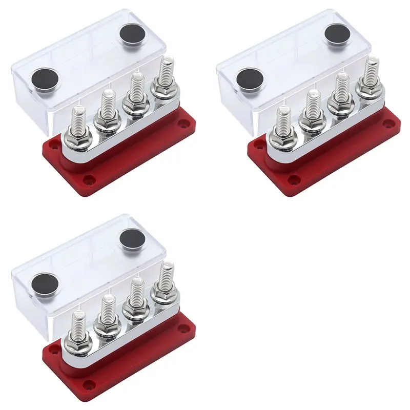 SOFT-3X 600A Bus Bar 4-Stud (3/8 Inch) M10 High Current Copper Busbar Terminal Block Marine DC 12V 24V 48V With Cover(Red)