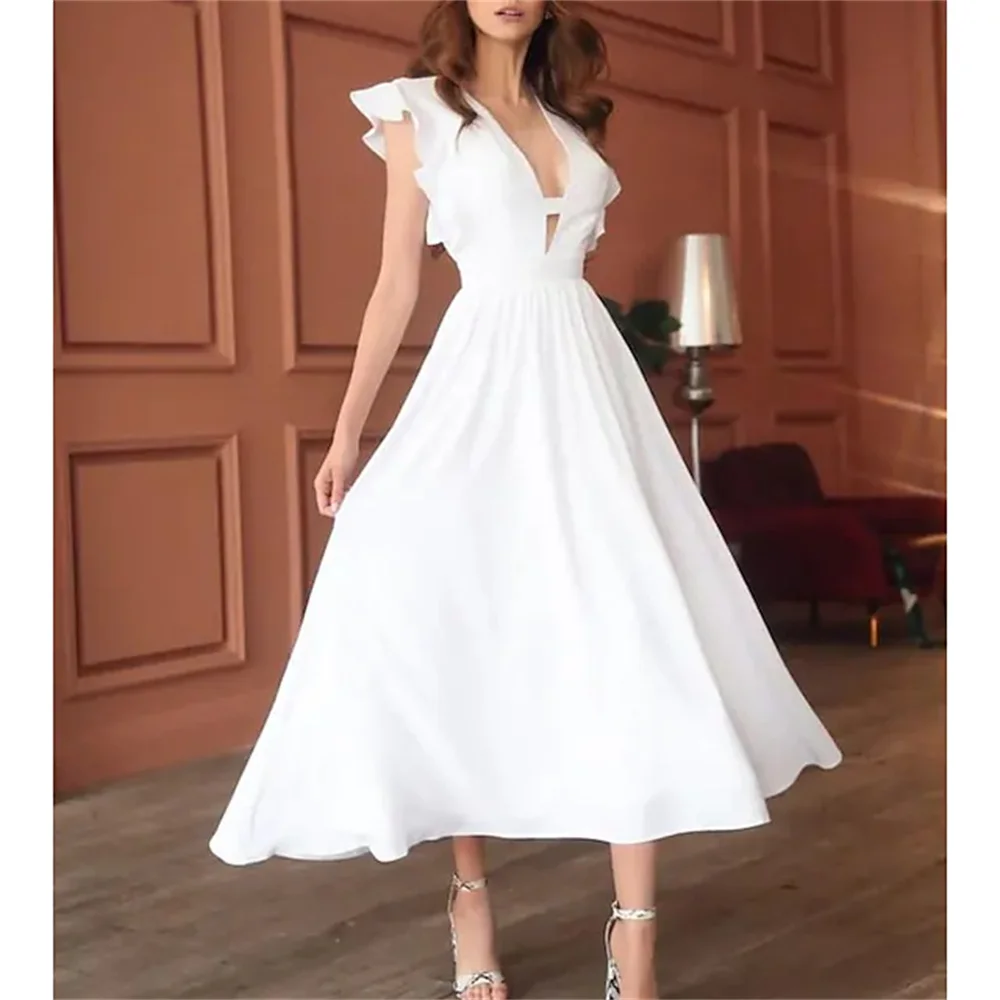 A linha de casamento decote em v senhoras tecido estiramento sem mangas simples vintage sexy pouco vestido branco com babados 2022 meados de bezerro elegante