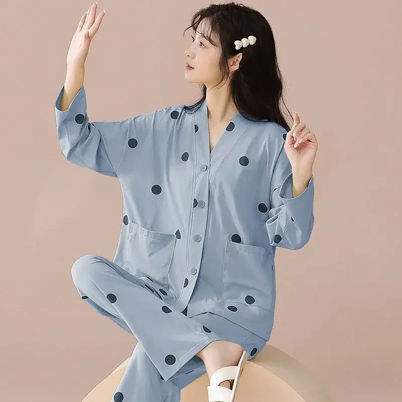 Pyjamas Women 100% cotton 2025 New Pajamas Women's Spring and Autumn Long-sleeved Sweet Fashion Cardigan V-neck Loungewear Set