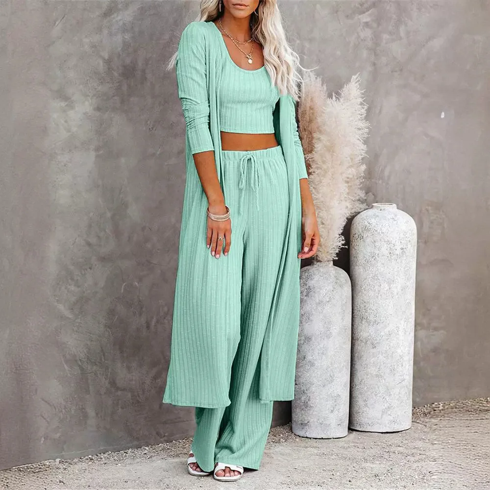 

Elegant Women's Casual Crop Ribbed Tank Top Suit & Drawstring Pants Set with Longline Coat 3PCS Female Fashion Trousers Outfits