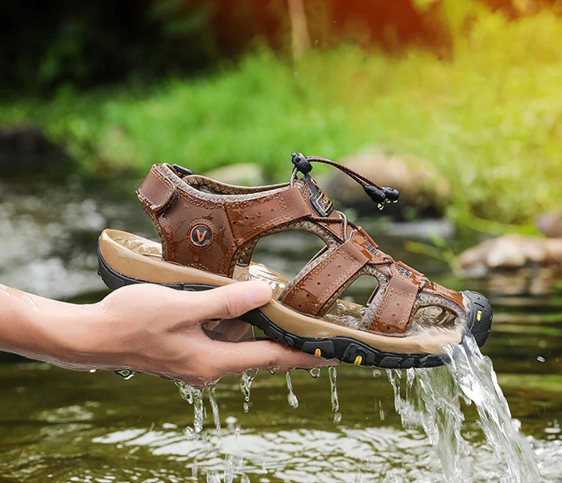 Sandalias de cuero genuino para hombre, zapatos de verano para hombre, zapatos de agua al aire libre, sandalias de cuero