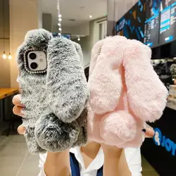 3D Cute Bunny Fur Phone Case For Funda iPhone 15 Pro Max Fluffy Rabbit Plush Silicone Cover iPhone 14 Plus 13 12 11 X XS XR Case