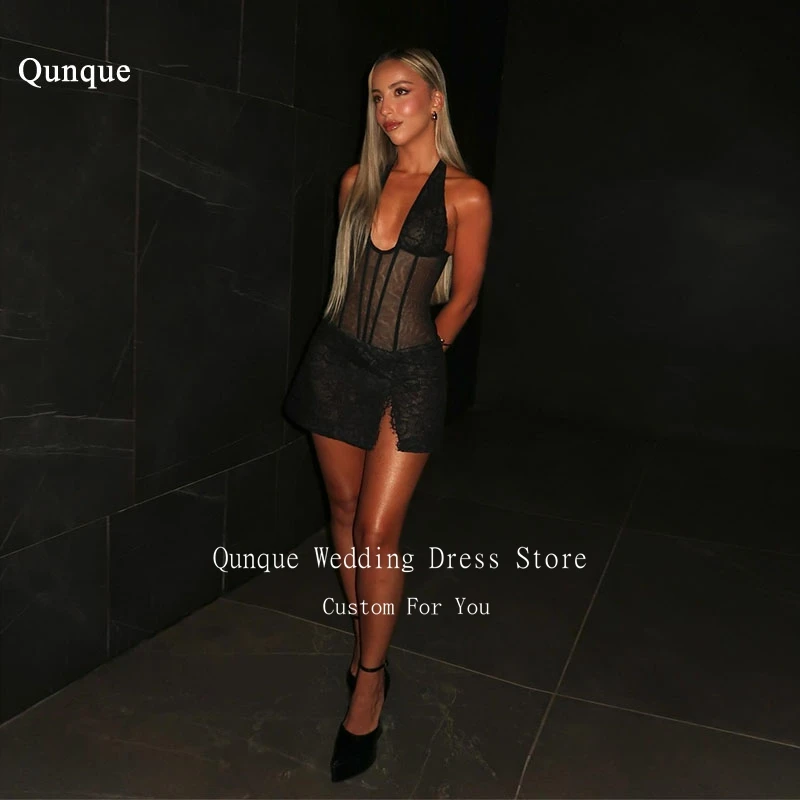 

Qunque Short Lace Elegant Prom Dresses Slit Halter Mini Guest Dress Birthday Party Gowns платье женское Customized