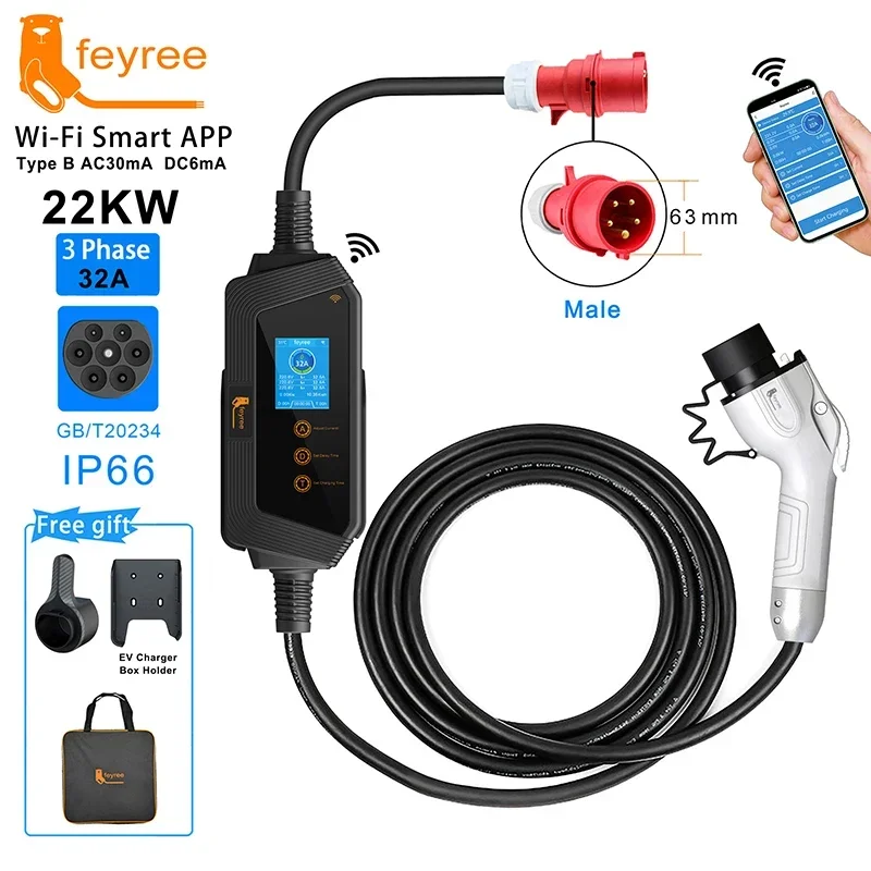 feyree GBT Plug Portable EV Charger Fast 22KW 32A 3Phase Adjusting Current Wi-Fi Smart APP Control Electric Car Charging Station