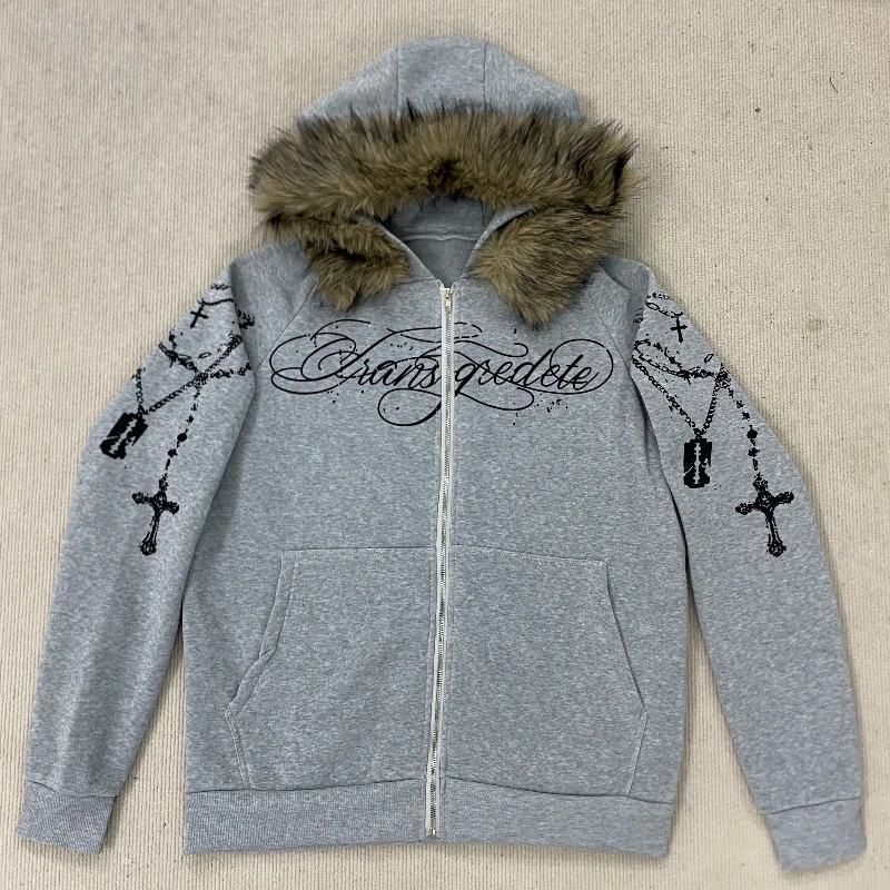 2026 New Autumn Winter Fashion Streetwear Women's Gothic Faux Fur Hooded Jacket Cross Print Trendy Edgy Zip-Up Leisure Hoodie - view 5