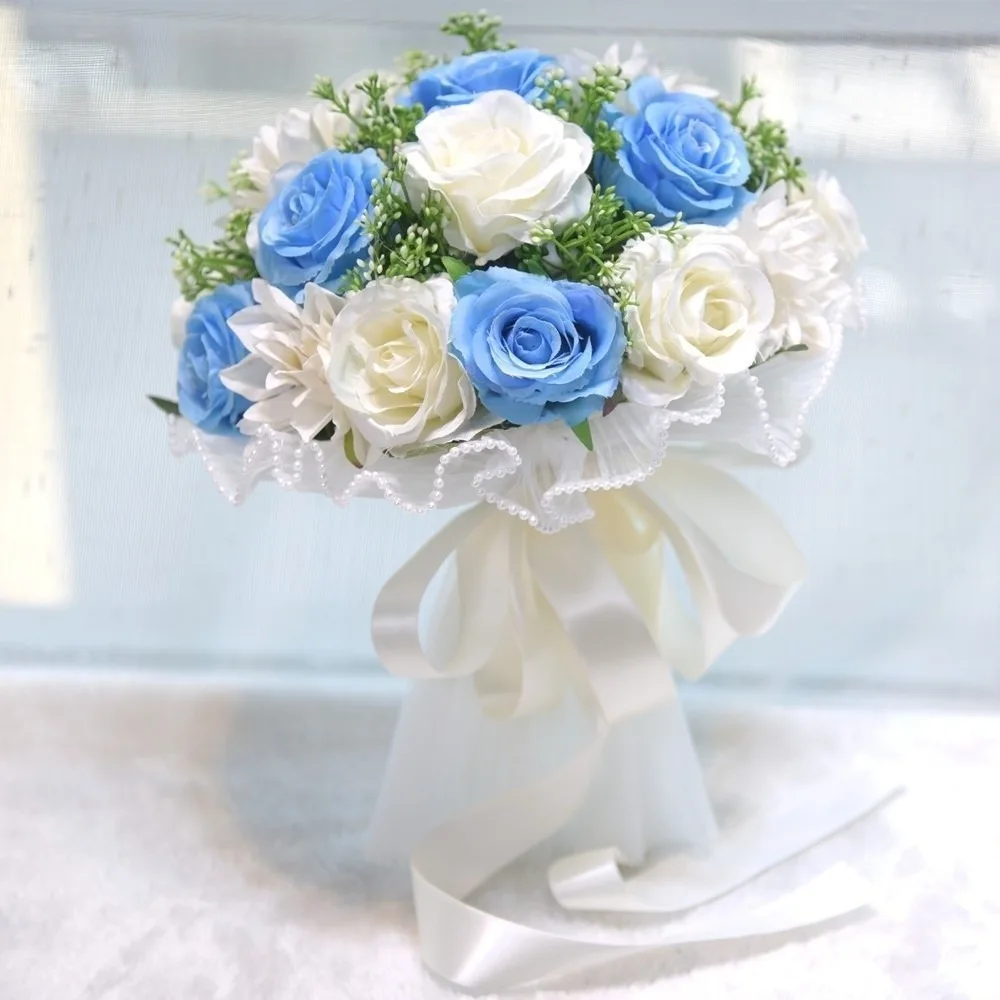 

Baby's Breath Romantic Wedding Bouquets Artificial Silk Flowers Ribbon Bridal Bouquet Exquisite Pearl Lace White Rose Bouquet