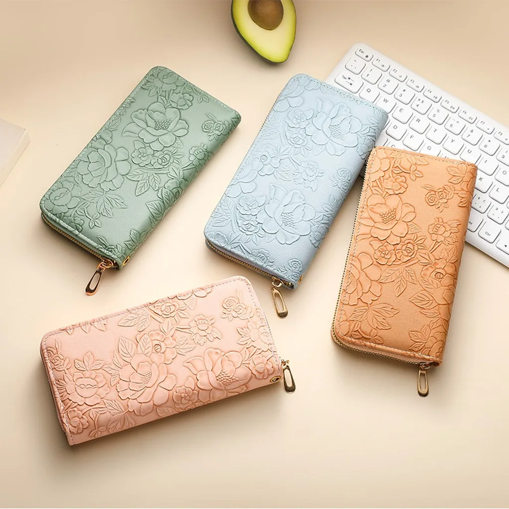 Vintage Embossed Flower Long Wallet Women Zipper Clutch Purse Large Capacity Phone Holder Card Organizer Lady Handbag
