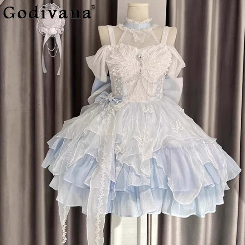 

Sweet Blue and White Banquet Dress Girls Lolita Glitter Butterfly Birthday Dress Women Princess Style Adult Puffy Strap Dress