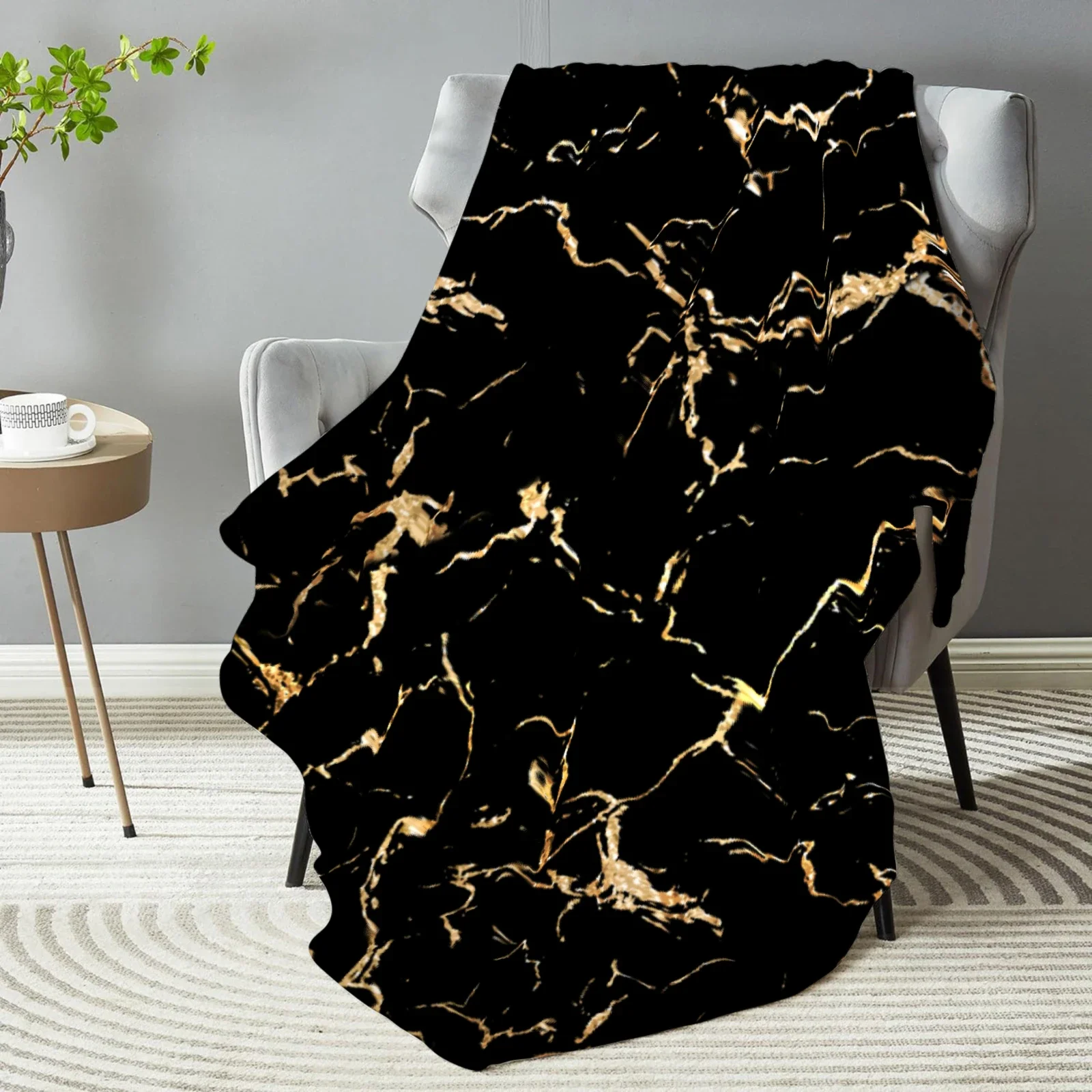 1pc Black Blanket Veined Marble Printed Luxury Comfortable Flannel Blanket for Home Living Room Bedroom Decoration Birthday Gift