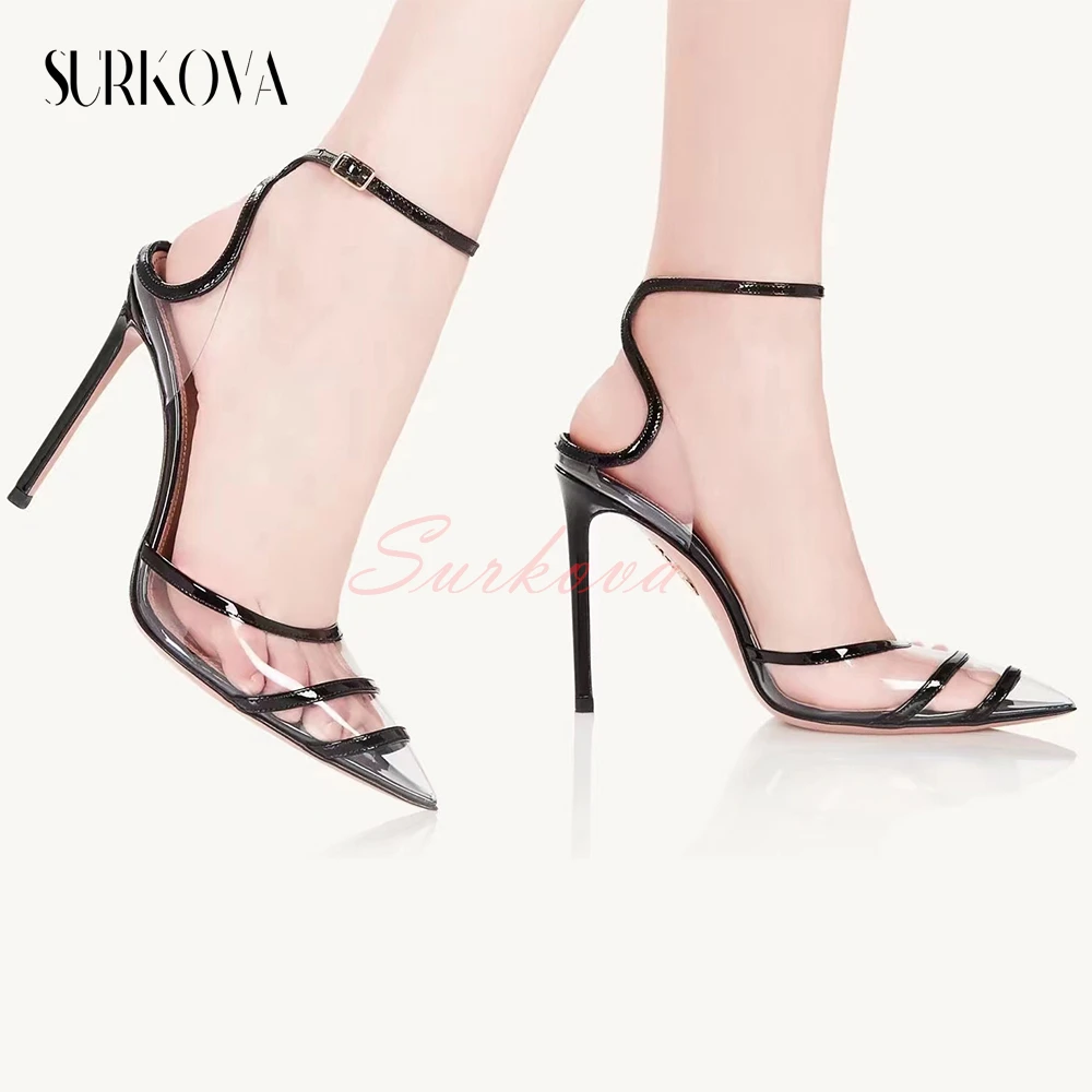 

PVC Narrow Band High Heel Pumps Ankle Belt Buckle Slingback Stilettos Concise Women's Shoes Summer Lady's Thin Heel Runway Shoes