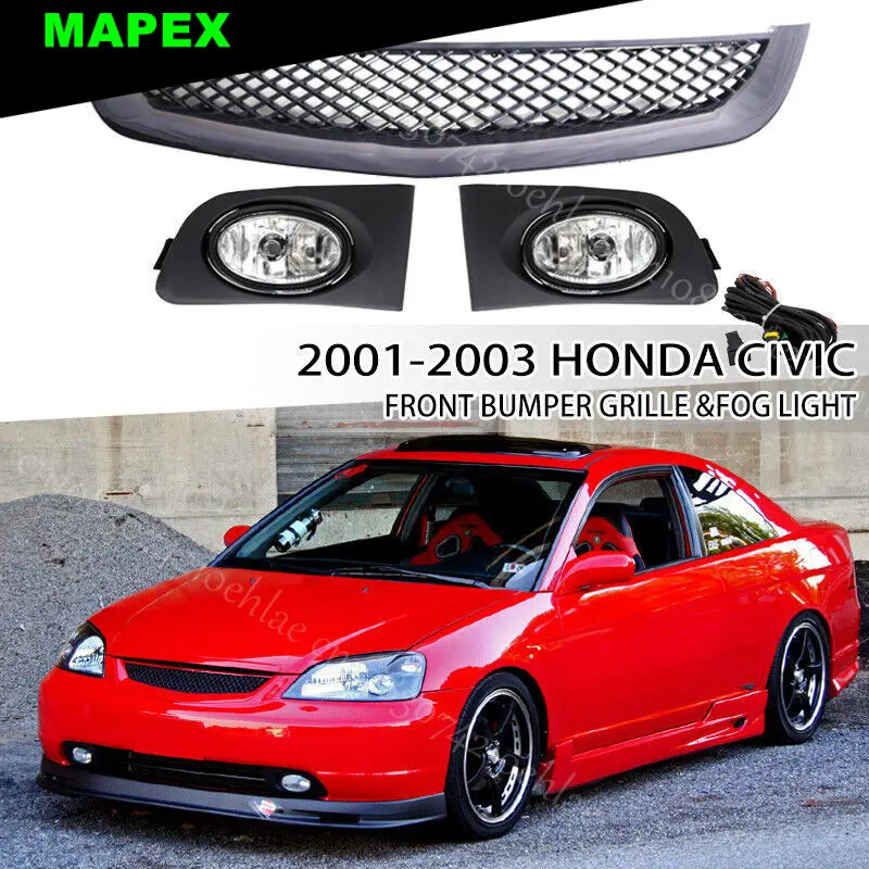 Fits 2001-2003 Honda Civic Sedan Front Mesh Grille & Clear Lens Fog Lights Lamps