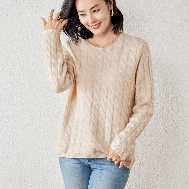 DjzDsm Autumn Winter Women 100% Cashmere Sweater O-neck Cable Knit Pullover Sweater Cashmere Knitwear Female Clothing Soft Tops