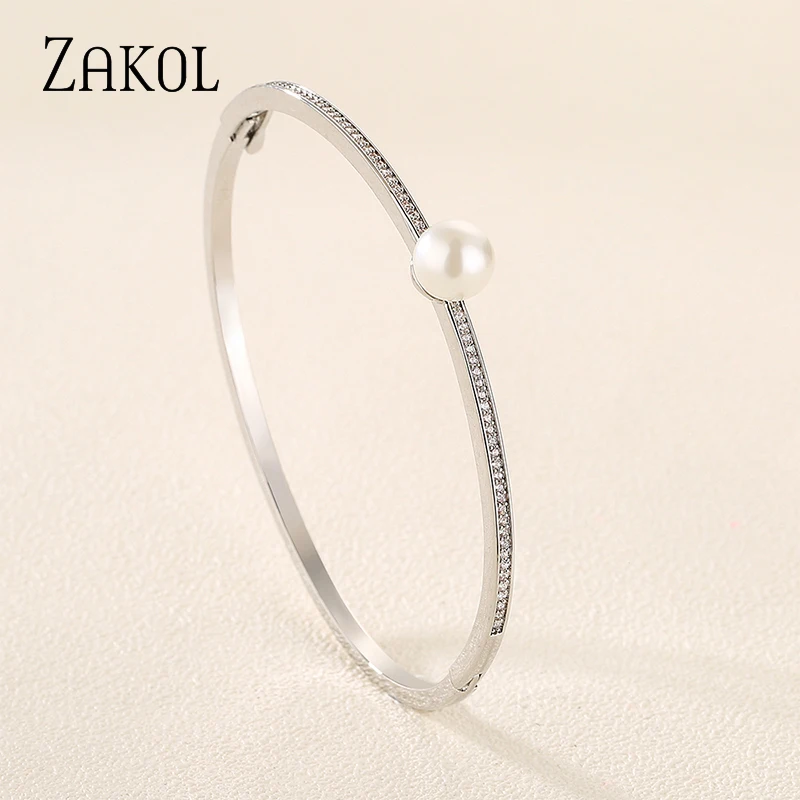 ZAKOL Simple Fashion Zircon Pearl Bangles Bracelets for Women Female Glamour Gold Color Bracelet Party Jewelry BP2233