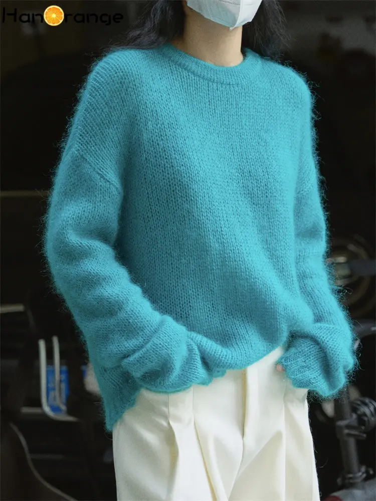 HanOrange 2024 Spring Mohair Knitted Sweater Women Soft Mist Fluffy Warm Lazy Top Knit Pullover Female White, Sea Blue