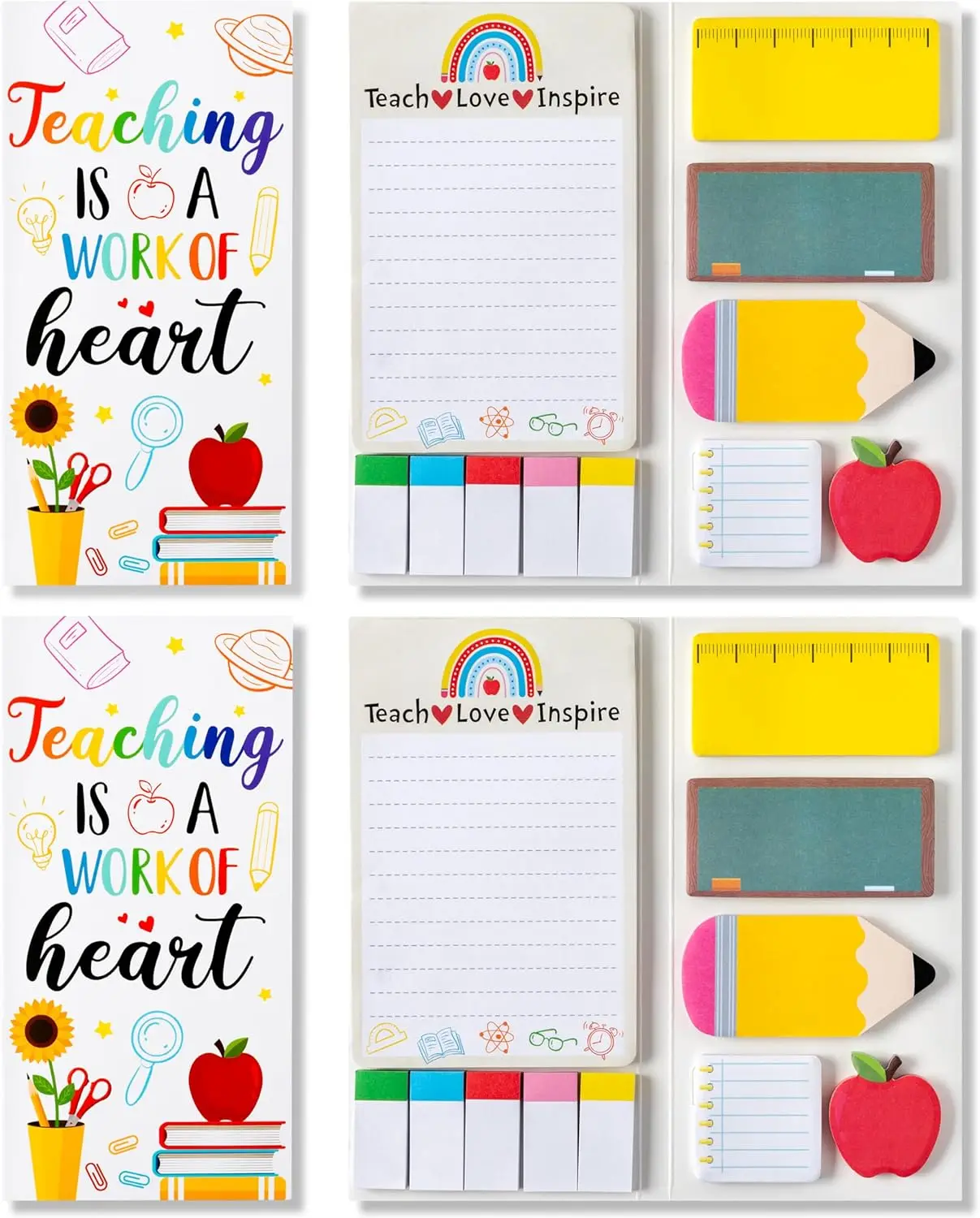 

2 Pack Teacher Sticky Notes Set with Ruler Pencil Apple Design, Self-Stick Note Pads for School Office Supplies