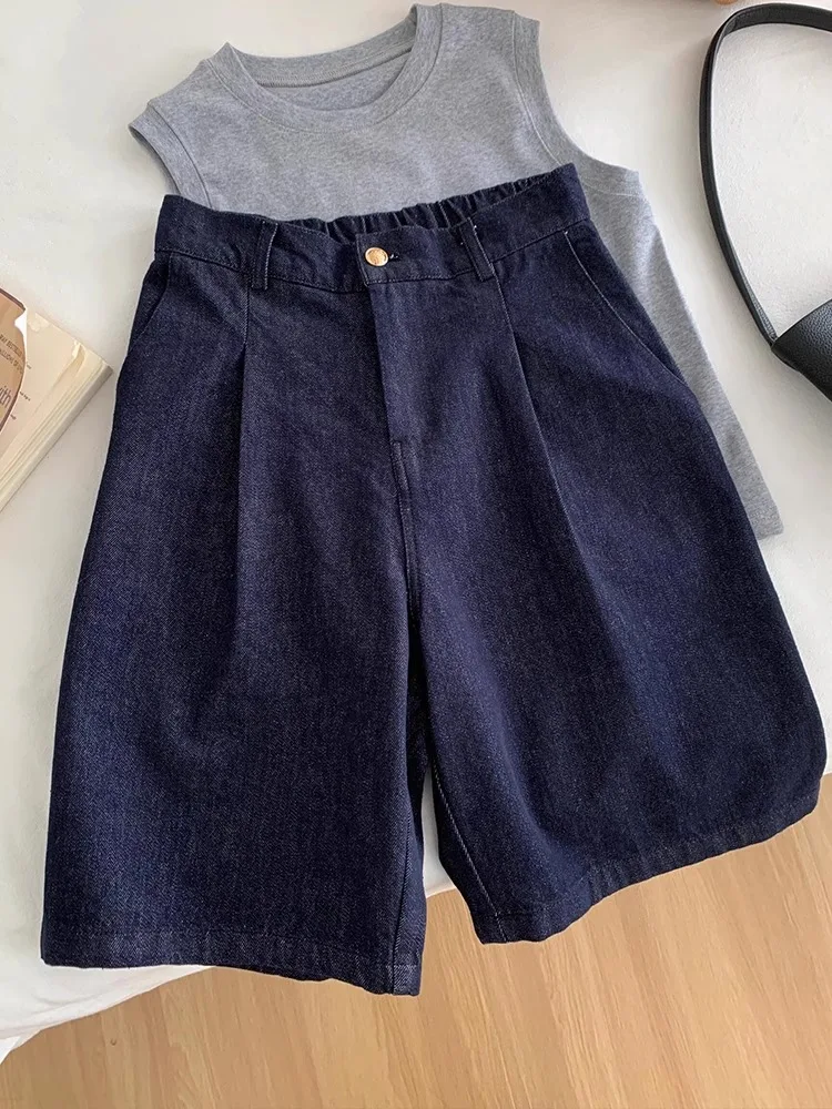

Summer New Loose Fit Casual Blue Short Pants Women's High Waist A-Line Five-Quarter Length Denim Jeans Stylish And Attractive