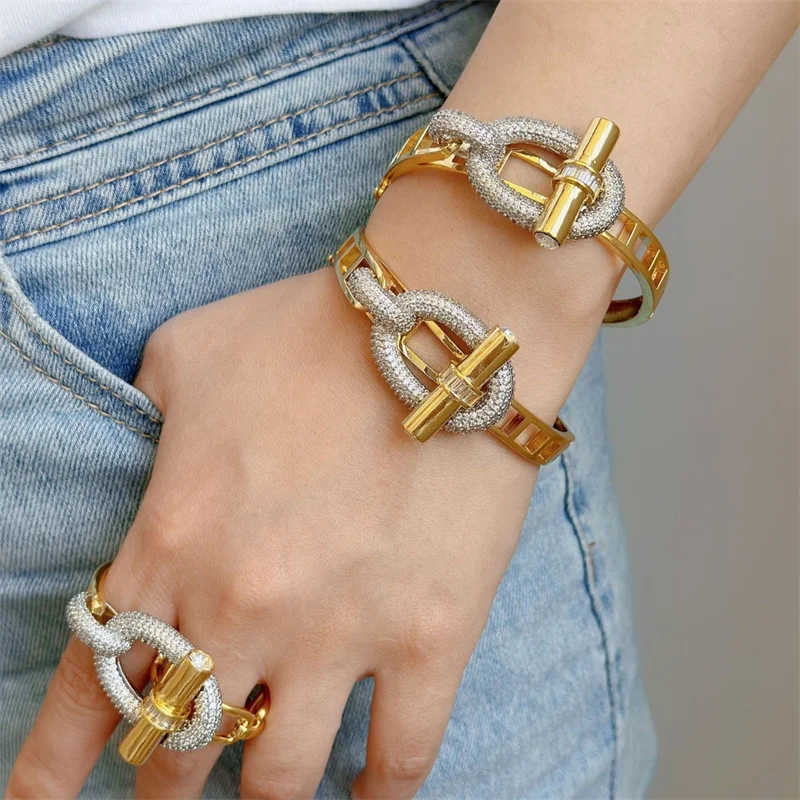 Luxury Cubic Zirconia Ot Buckle Bangles Stainless Steel Open Bracelet Ring For Women Wedding Jewelry Set Factory Wholesales