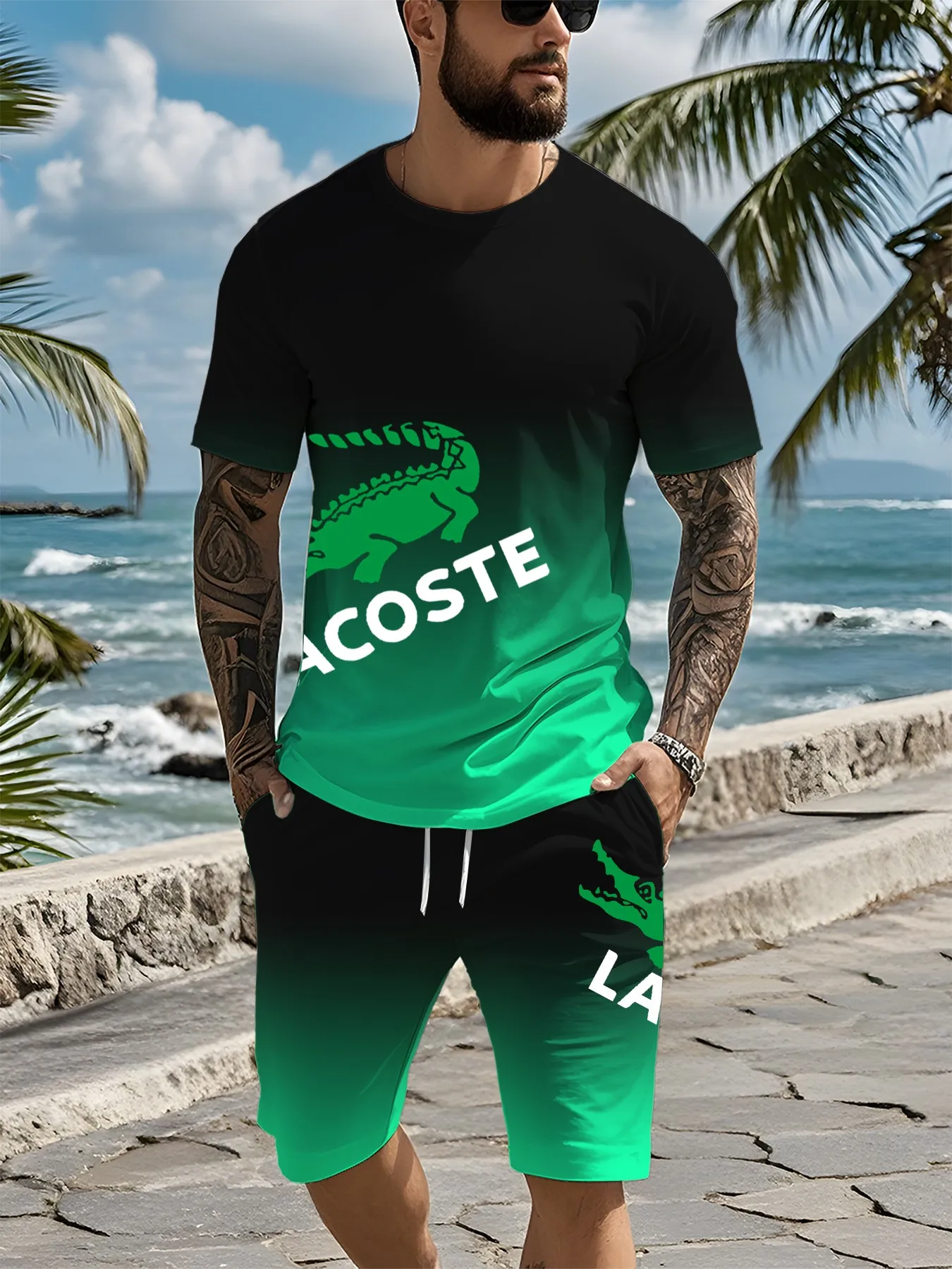 Été nouveau mâle 3d tigre lion imprimé autour du cou à manches courtes t-shirt ensemble short et haut 2 pièces de haute qualité décontracté ensemble de sports de rue
