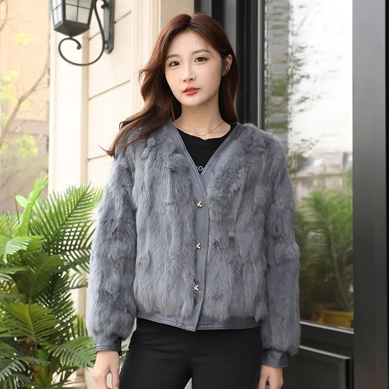 Automne et hiver nouveau manteau de fourrure de lapin Rex femmes mode col en v manches longues veste de fourrure femme décontracté vêtements d'extérieur amples
