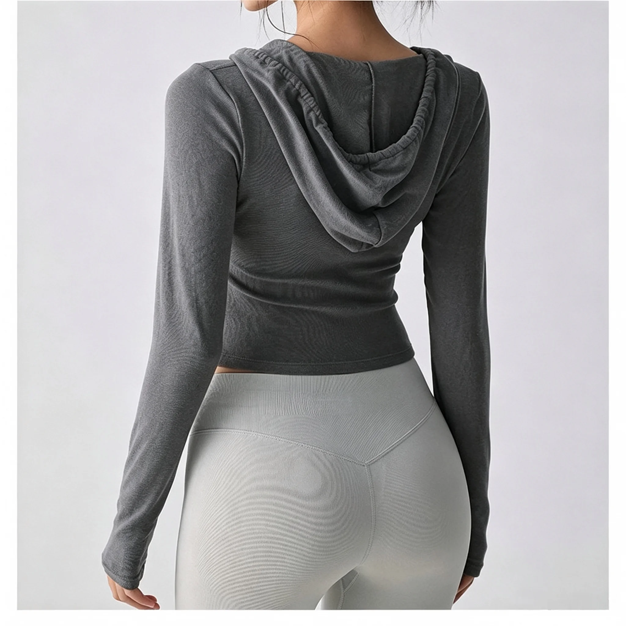 Damen Slim Fit Yoga-Shirt mit Kapuze, V-Ausschnitt, Langarm-Oberteil für Outdoor-Fitness, Laufen, Yoga, Sportbekleidung, Schlankmachende Trainings-Oberteile – Detail 3