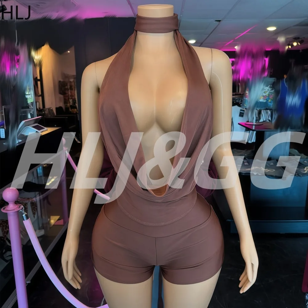 

HLJ Summer Sexy Bandage Patchwork Two Piece Outfits Woman Solid Color Deep V-neck Lace-up Crop Top and Shorts Female Streetwear