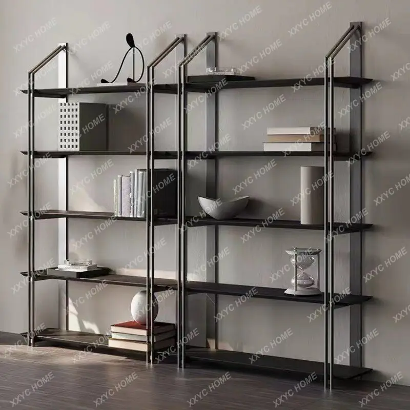 Modern minimalist bookshelf display rack - floor standing, stainless steel, creative design for office, living room, and partiti
