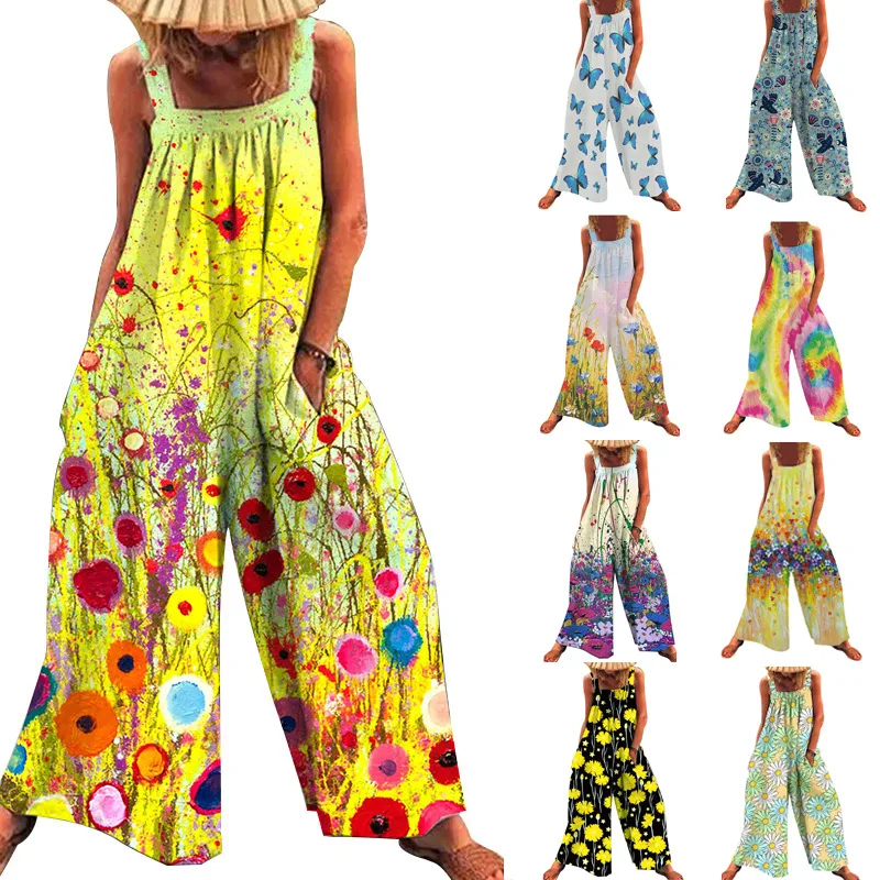

Summer New plus Size Loose Wide Leg Jumpsuit Women's Clothing Cross-Border Large Print oulder Strap One-Piece Suit