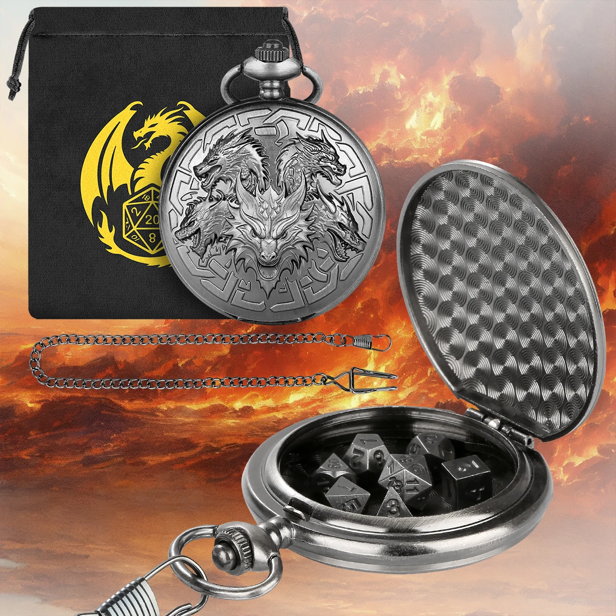 

Оптовый набор из 5 миниатюрных металлических кубиков в стиле панк с креативным кулоном-цепочкой в виде часов с пятью драконами, подарок для вечеринок и ролевых игр