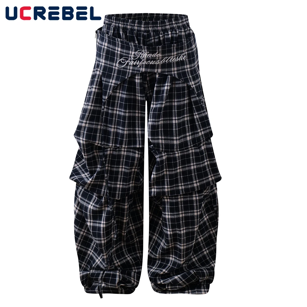 

Letter Embroidery Plaid Casual Pants Mens Lace up Patchwork High Street Elastic Waist Loose Wide leg Pleated Trousers Men