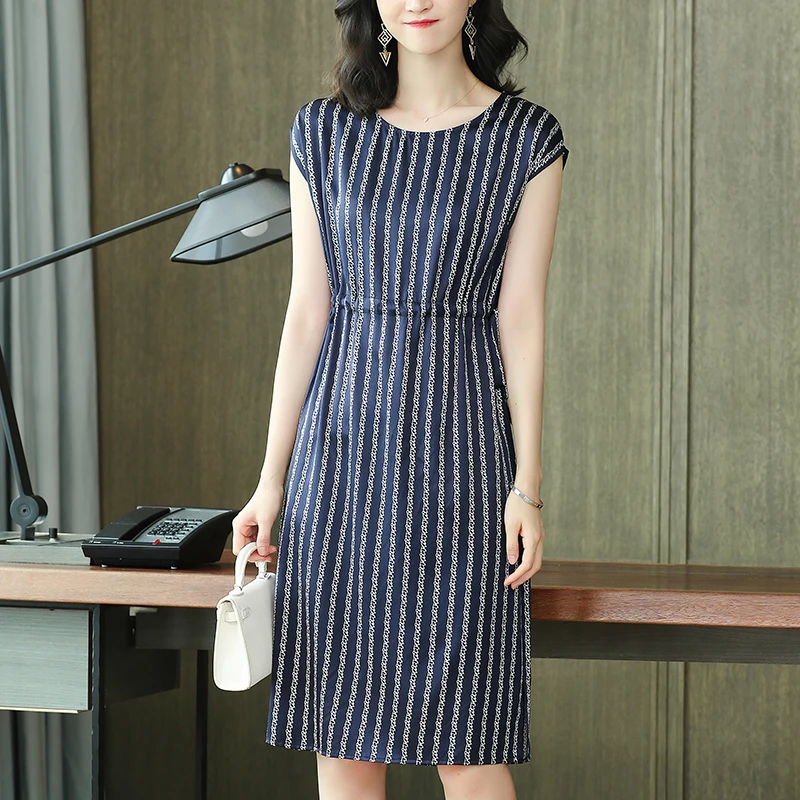 Elegant Fashion Dresses for Women 2026 Summer Short Sleeve Women's Striped Dress A-line Casual Woman Real Silk Satin Dress Slim